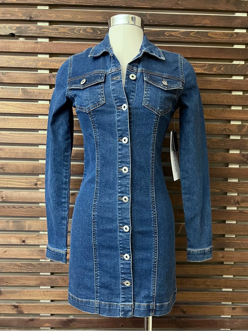 NWT Blue Stretch Denim Jean Button Front Long Sleeve Mini Dress w/ Pockets